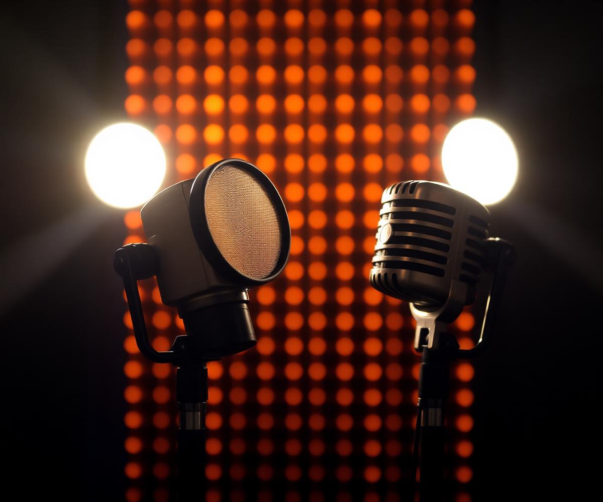 Vintage studio microphones under warm stage lighting