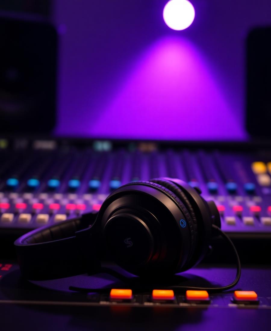 Studio headphones resting on a mixing desk