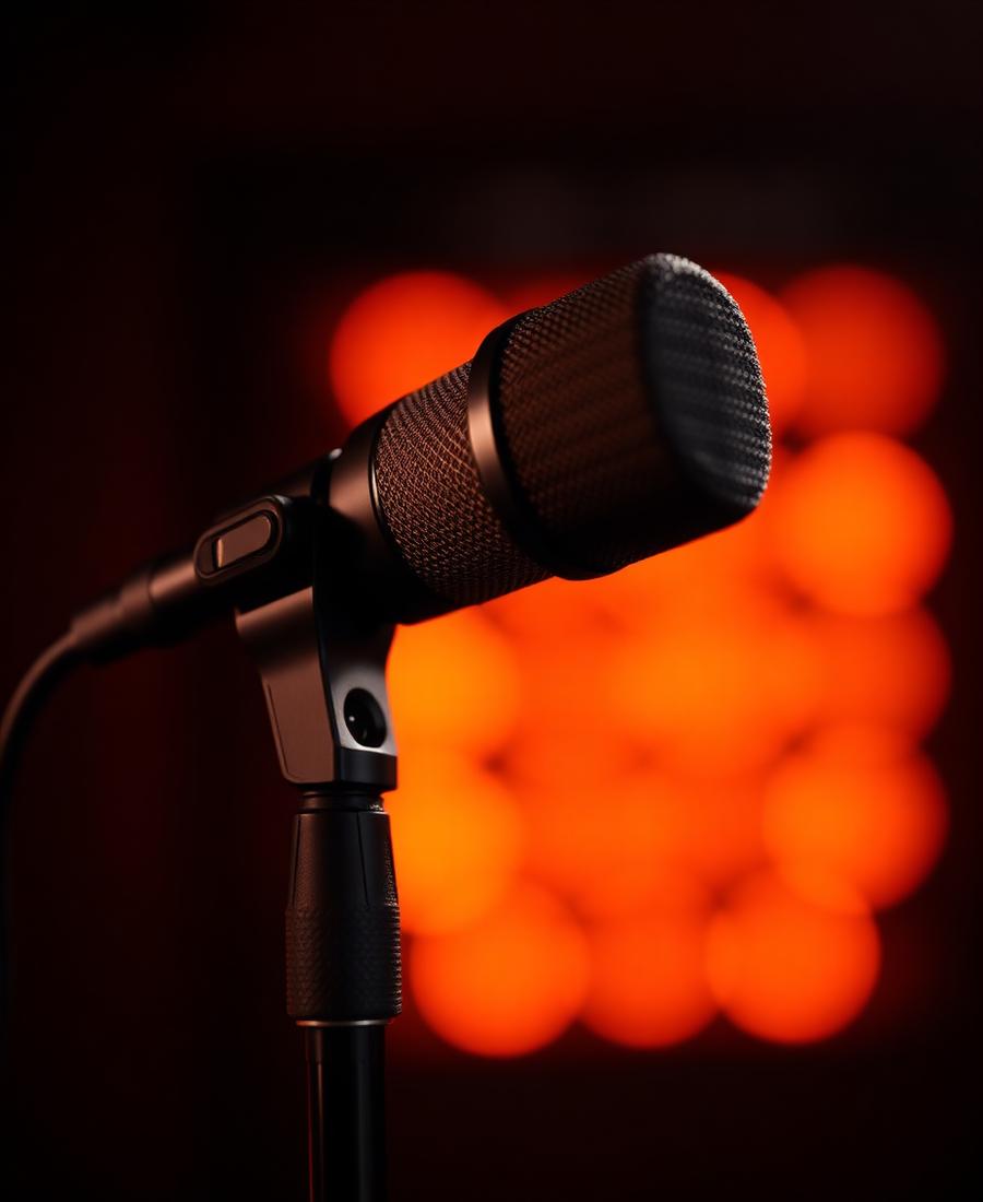 Studio microphone lit with warm orange light